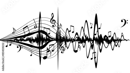 Intricate Musical Notes with Dynamic Sound Waves, isolated white background