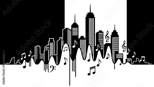 Urban City Skyline Silhouette with Musical Notes Flowing, contrasting background