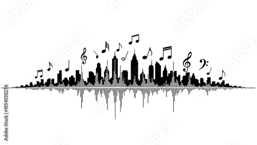 Urban City Skyline Silhouette with Sound Wave and Musical Notes, isolated white background