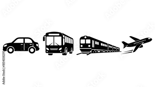 Silhouette of Car Bus Train and Airplane Transportation Icons, isolated white background
