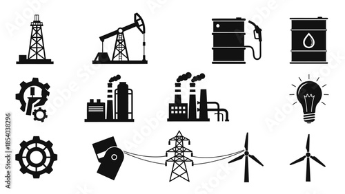 Comprehensive Set of Energy Industry Icons with Oil Rigs, Factories, Wind Turbines, and Power Grid, on a Bright Background