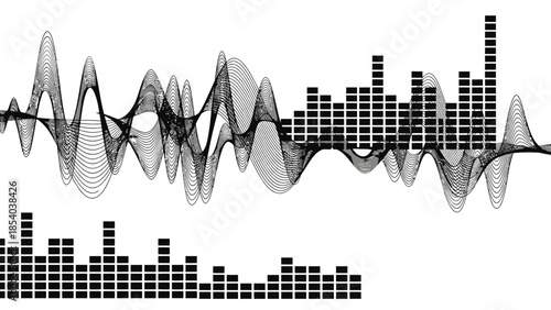Dynamic black audio sound waves and music equalizer bars on isolated white background.