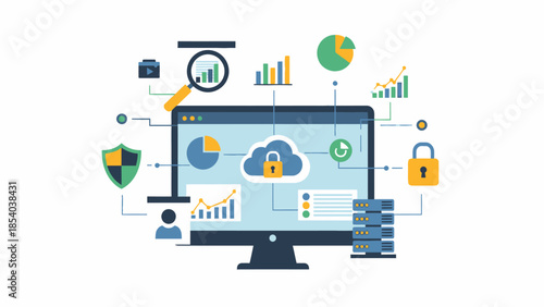 Advanced data management system with cloud computing and network security on a desktop computer screen in bright studio.