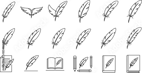 Feather and quill outline icon set with writing pen symbols for literature calligraphy education and creative design