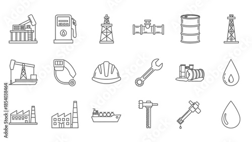Collection of Industrial and Energy Line Icons Including Factory, Oil Rig, and Construction Tools, on a Bright Studio Background