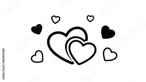 Two black hearts, one solid and one outline, overlapping to symbolize deep love on isolated white background.