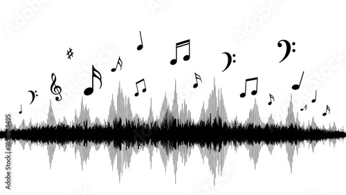 Musical notes flowing with sound waves in an artistic composition on isolated white background.