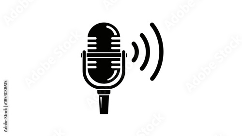 Solid black icon of a retro vintage microphone emitting sound waves, representing classic audio broadcasting and vocal performance on an isolated white background.