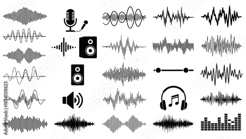 Diverse collection of audio and sound-related icons, including multiple sound wave patterns, microphone, speakers, volume controls, headphones, and an equalizer, on an isolated white background.