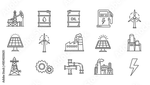 Set of linear icons for energy and industry, including oil rig, barrel, solar panel, wind turbine, factory, and gas pump on an isolated white background.