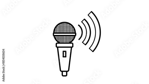 Outline icon of a microphone emitting sound waves, representing audio recording, broadcasting, and live communication on an isolated white background.