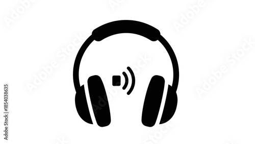 Solid black icon of headphones emitting sound waves, representing listening to music or audio on an isolated white background.