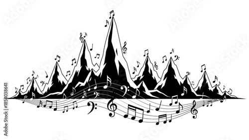 Abstract Mountain Landscape with Musical Notes and Sound Waves Flowing, Black and White Artistic Design.