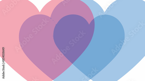 Two translucent overlapping hearts in pink and blue colors on a bright studio background, symbolizing love, connection, and harmony.