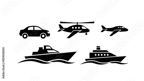 Set of black silhouette transportation icons including car, helicopter, airplane, yacht, and ship on an isolated white background.