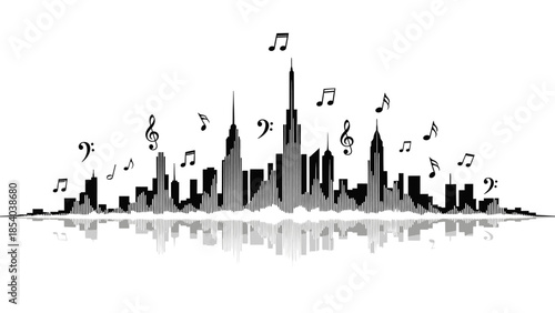 City Skyline Silhouette with Musical Notes Flying and Reflection, Urban Music and Nightlife Concept.