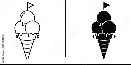 Three scoops ice cream cone vector icon with small flag topping for summer dessert menu snacks frozen dairy treats and sweet food.
