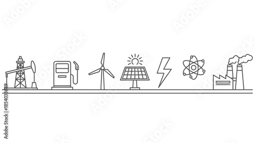 Line Art Icons of Energy Sources and Industrial Infrastructure, including Oil Derrick, Wind Turbine, and Solar Panel on Isolated White Background.