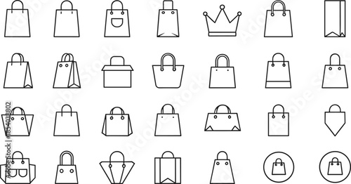 Shopping bag outline icon set with retail purchase packaging and ecommerce symbols for store branding and online shop design