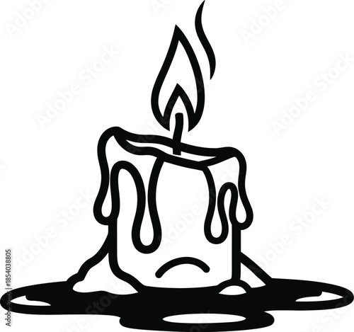 Sad melting candle with a frowning face and burning flame