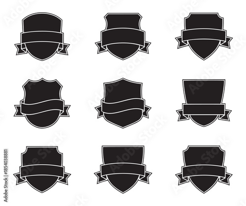 Shield badge logo set with ribbon banner, vintage heraldic crest templates for branding, security, award, identity design
