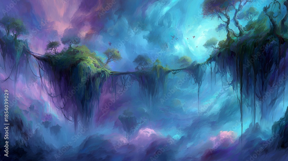 Fototapeta premium Enchanting floating islands suspended by delicate vines amidst a dreamy, colorful sky