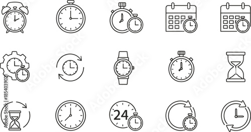 Time and clock outline icon set with alarm stopwatch calendar and schedule symbols for productivity and time management design
