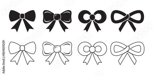 Set of eight bow graphics in black silhouette and outline styles