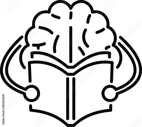 Brain reading an open book while experiencing an audiobook through headphones or sound waves