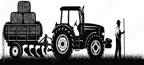 Farmer and tractor with hay wagon silhouette illustration, rural agriculture and farming equipment scene isolated on white background