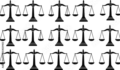 Justice scales silhouette icon set representing law, legal balance, and courtroom fairness concepts, black vector illustrations isolated on white background