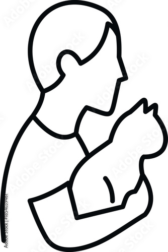 Person hugging a pet cat showing care and love, black line art vector