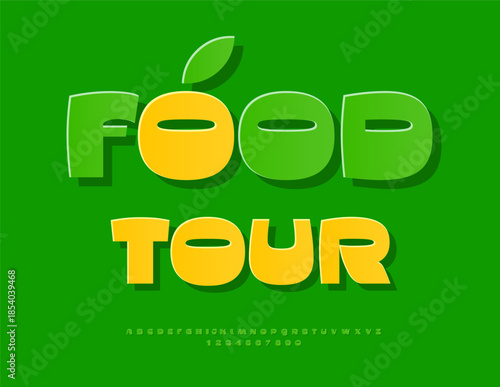 Vector Gourmet banner Food Tour. Eco Green Font. Fashion Digital Alphabet Letters and Numbers set.