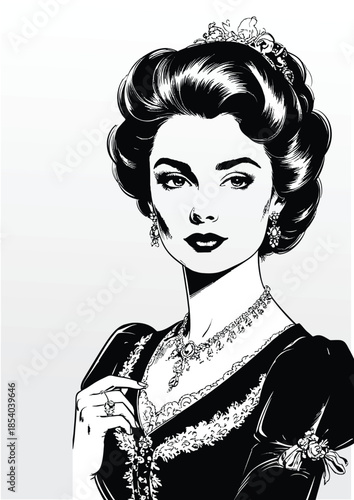 052-02-Elegant woman in vintage pop art style wearing a tiara and jewelry