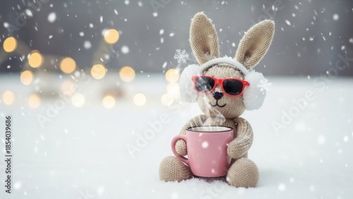 Knitted rabbit toy wearing sunglasses holding warm mug