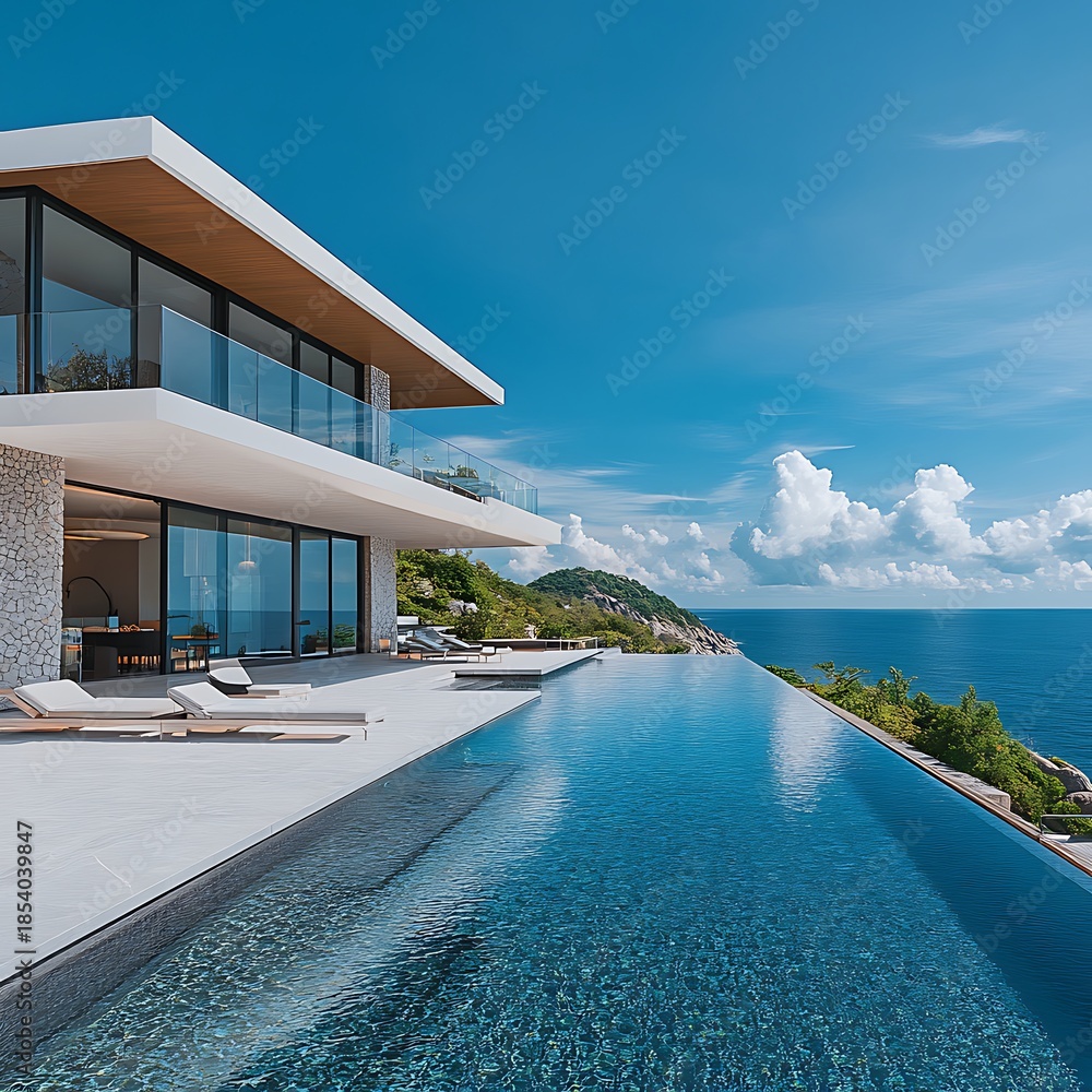 Fototapeta premium Luxury Villa with Infinity Pool and Ocean View in Daytime coast photo