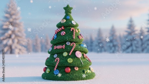 Whimsical knitted Christmas tree in snowy winter scene