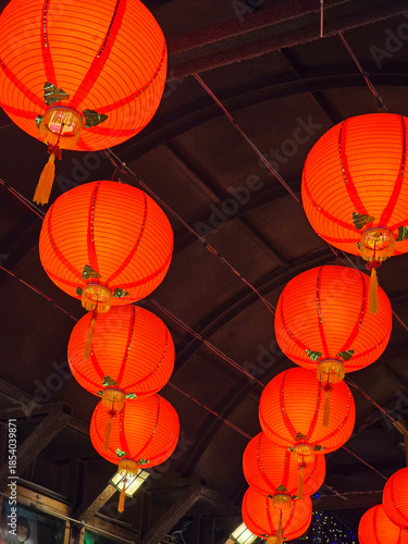 Red Hanging Paper Lanterns Symbolizing Taiwanese New Year Celebration