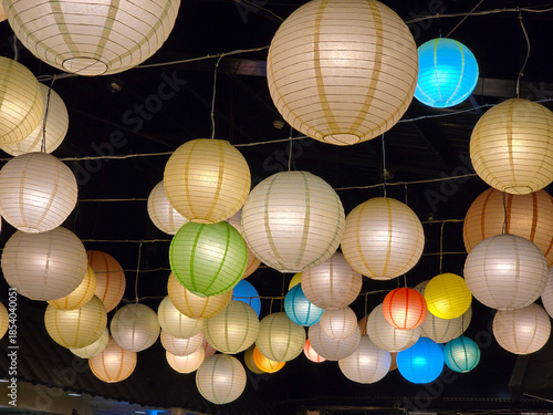 Colorful Hanging Paper Lanterns on Ceiling in White Yellow Blue Green Red Orange