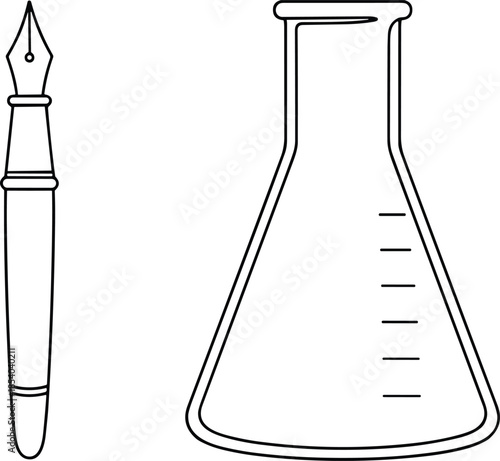 Minimalist fountain pen and laboratory erlenmeyer flask vector icon for scientific research writing academic study chemistry education