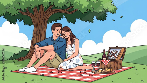 Couple having a romantic picnic under a tree in a serene landscape with a red and white checkered blanket