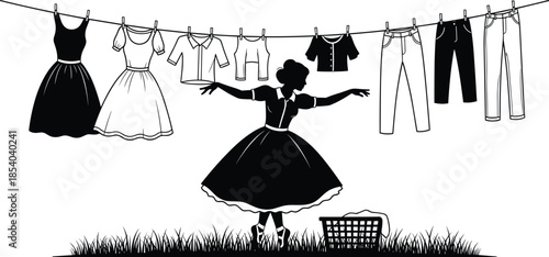 Laundry scene, clothesline, hanging garments, woman silhouette, domestic chore, vintage style, drying clothes, black and white, flat illustration, vector sketch
