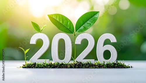 The year 2026, featuring vibrant green sprouts, symbolizes environmental growth, a sustainable future, and new beginnings, illuminated by natural sunlight