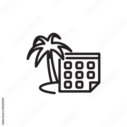 Minimalist line icon of a calendar next to a palm tree. Perfect for representing vacation planning, holiday scheduling, annual leave tracking, summer break, and employee time-off management concepts.