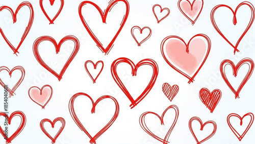 Hand drawn red and pink hearts illustration on white background, valentines day concept, love symbol design elements