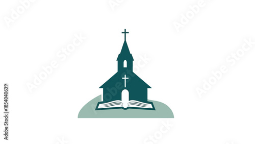 Simple church building with open holy bible and cross on steeple