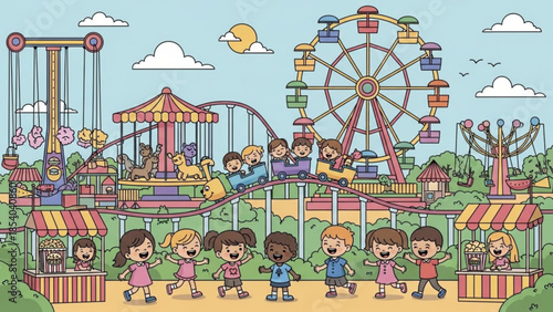 Happy children running in a vibrant cartoon amusement park with rides and attractions under a bright blue sky