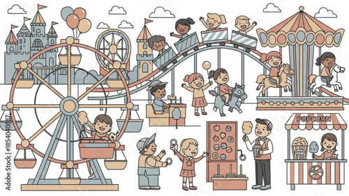 Children enjoying a vibrant amusement park with roller coaster, ferris wheel, and merry go round on a sunny day