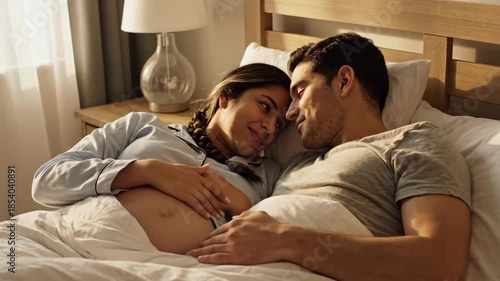A loving pregnant couple relaxing in bed together in the morning. The man kisses his wife while they both caress her pregnant belly. The concept of family and new life