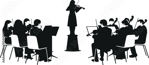 Classical Violin Soloist Performing with String Orchestra Silhouette Vector Illustration of Musicians Playing Violin Cello and Viola on Stage Concert